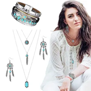 3 Pcs Bohemian Western Turquoise Jewelry Set for Women Pendant Necklace Dangle Earrings Bracelet Gift for Christmas New Year Daily Wear