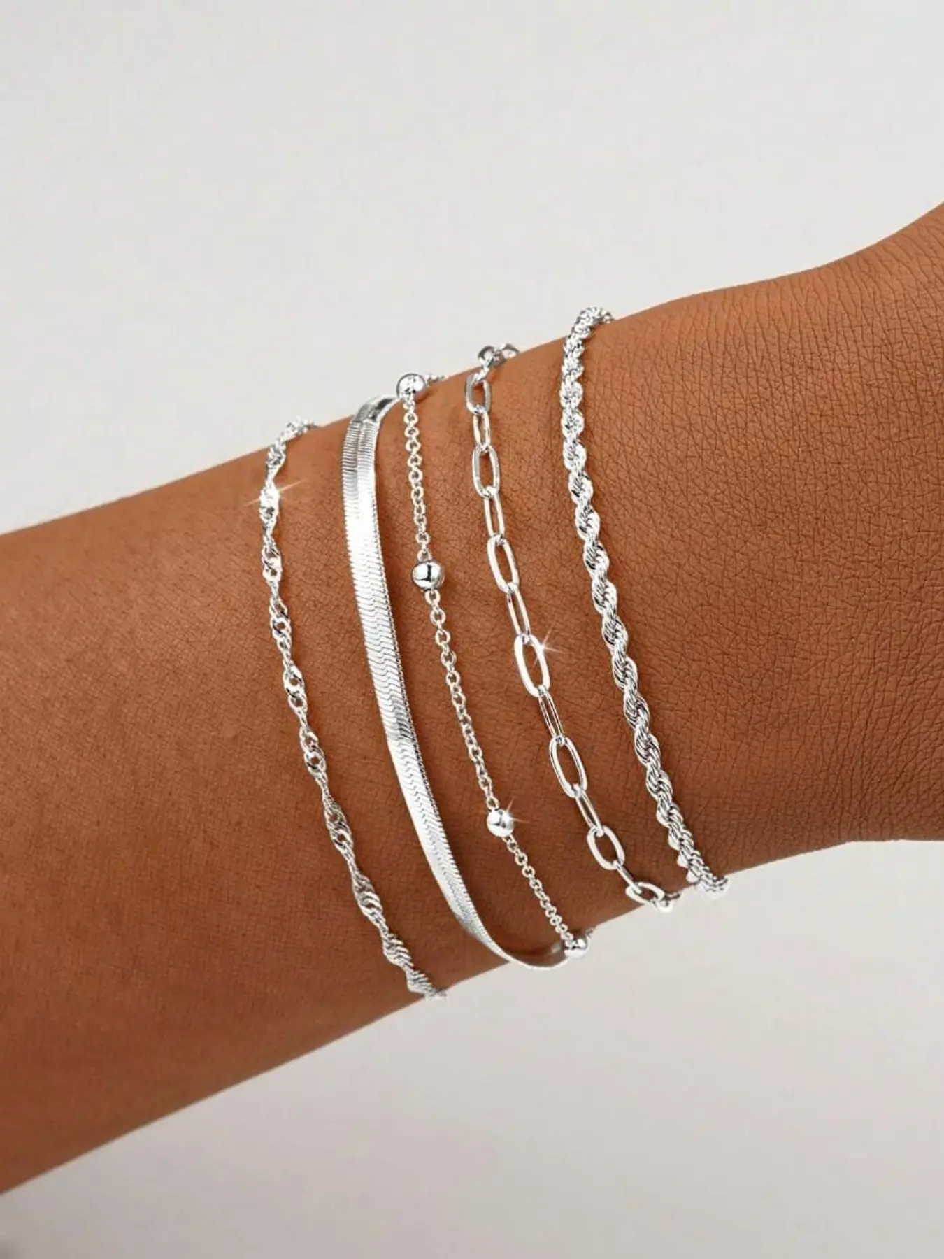 Elegant Stackable Bracelet Set for Women, Bracelet Combination Set, 5-Piece Daily Wear, Random Bead Count, Standard Fixed Length, Perfect for Everyday Use, Stackable Bangle Bracelets, Minimalist Chain Bangles, Stacked Bracelets