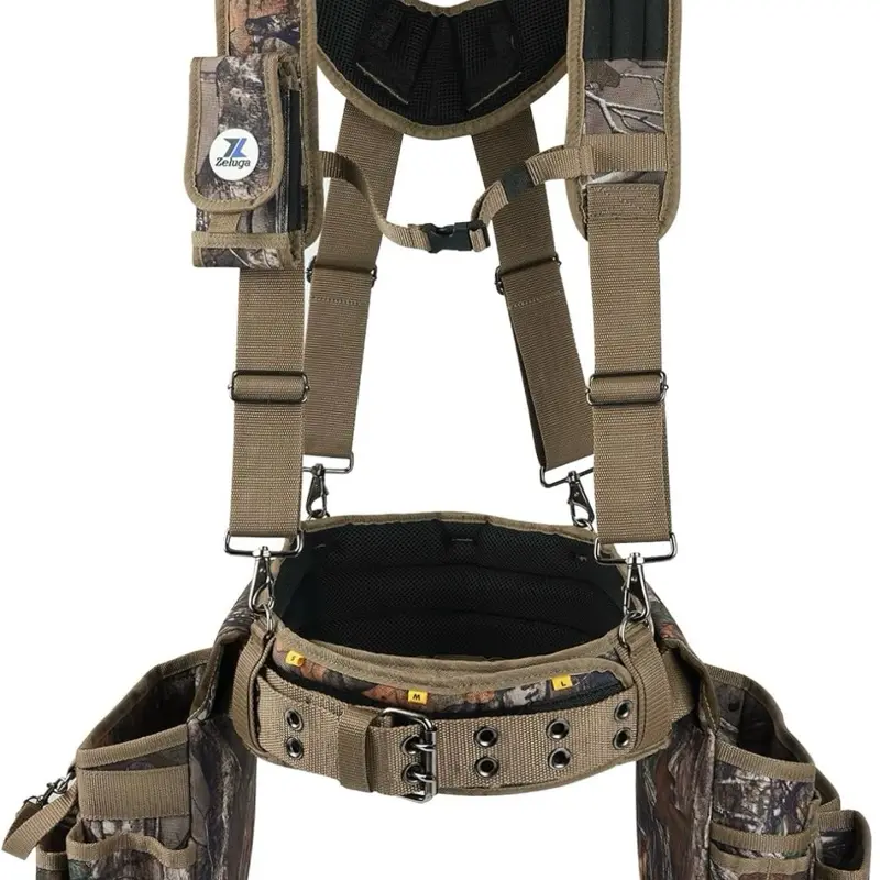 Zeluga 20-523 Large Pockets Tool Belts for men with Suspenders, 4" Padded Toolbelt, Steel Hammer Holster, Carpenter Tool Pouch, Professional Tool Vest for men Construction, Camo
