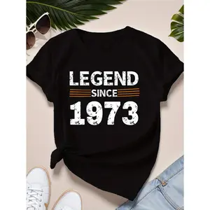 Legend Since 1973 Women's Black Printed T-Shirt, 180g Cotton Round Neck Short Sleeve, Comfortable Vintage Graphic Tee, Classic Retro Design for Everyday Wear, Perfect Birthday Gift, Stylish Ladies Casual Top, Soft Breathable Fabric, Fashionable Statement
