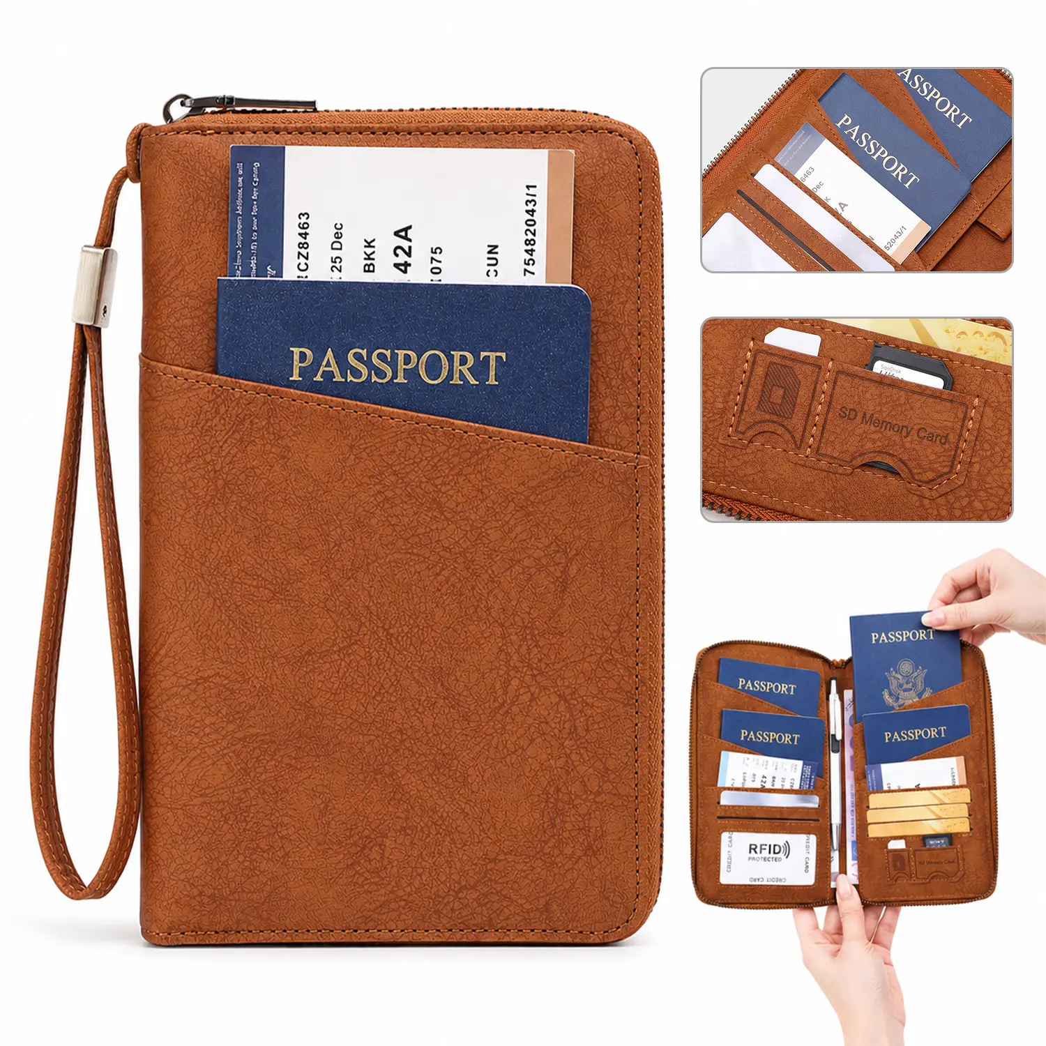 RFID Blocking Passport Holder, Holds Multiple Passports, Travel Document Organizer, Skin-Friendly Zipper Wallet, Detachable Wrist Strap, Passport Cover, Travel Essentials