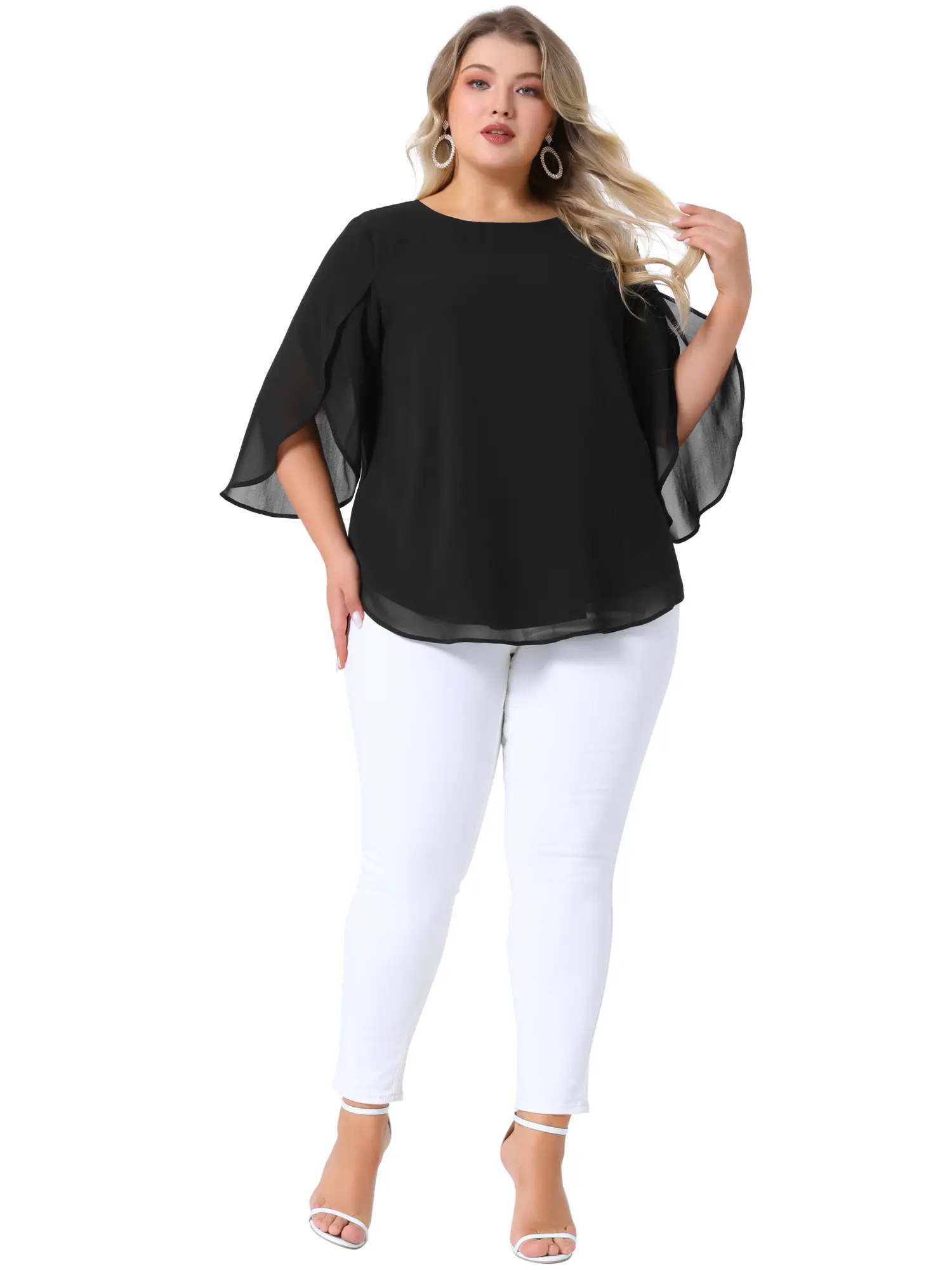 Agnes Orinda Women's Plus Size Blouses Flutter Petal Half 3/4 Sleeve Chiffon Top Loose Flowy Summer Shirt