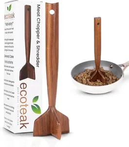 Ecoteak Teak Wooden Meat Chopper & Shredder Tool 10.5 Inches Durable Wood Hamburger Smasher Potato Masher Kitchen Utensil Cooking Gadget