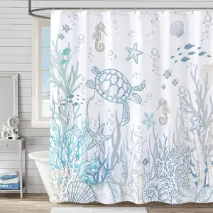 Nautical Coastal Turtle Shower Curtain, Coral Starfish Seashell Ocean Themed Bathroom Curtain, Underwater Seahorse Bathroom Decor Blue