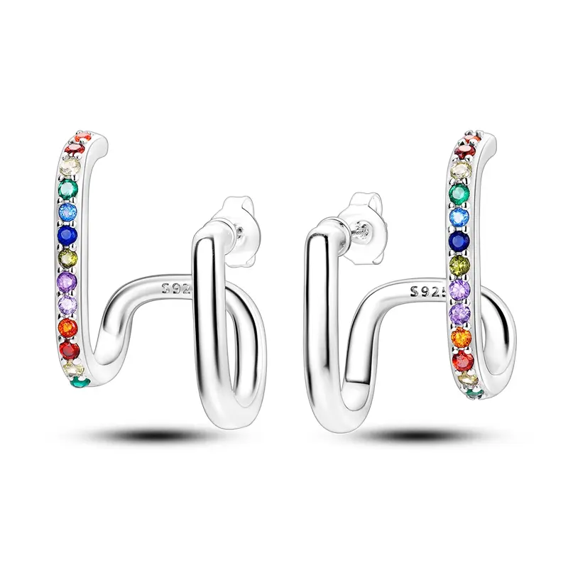 Rainbow Wave Double Hoop Earrings for Women, 925 Sterling Silver with Colorful Pride Stones, for Casual Daily Wear, Birthday Gift