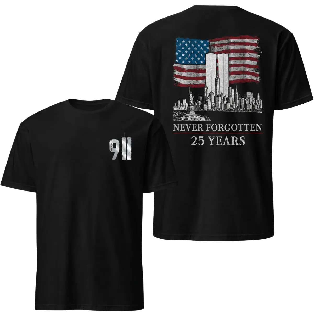 9/11 25th Anniversary Memorial Tee - We Will Never Forget Firefighter Tribute | Patriot Day Remembrance For Fallen Heroes