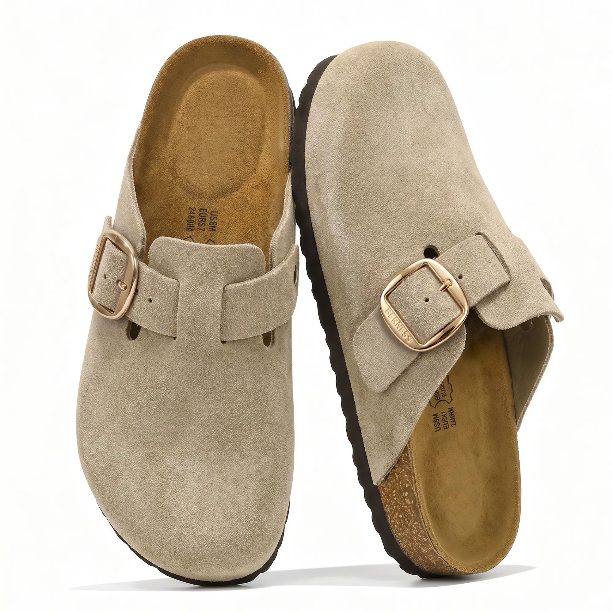 BERNESS Baine Women's Full Genuine Leather Buckle-Strap Clogs, Memory Foam Adjustable Round-Toe Suede-Look Slip-On Mules, Comfortable Daily Casual Shoes