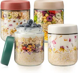 Overnight Oats Containers with Lids, 16oz Glass Jars with Lids - Set Of 4, Oatmeal Container to Go, Pudding Jars, Food Containers