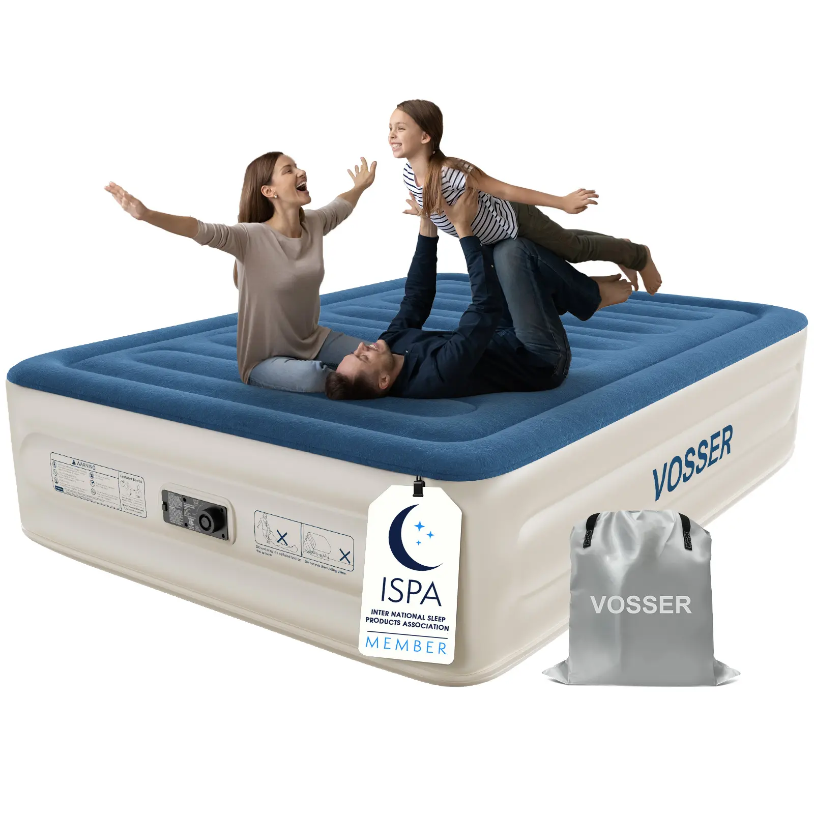 VOSSER Queen Air Mattress with Built-in Pump,18'' Raised Blow Up Mattress, Leak-Proof Air Bed with Storage Bag, Flocked Top Inflatable Mattress for Home, Camping & Guests, I-Beam, Colchon Inflable