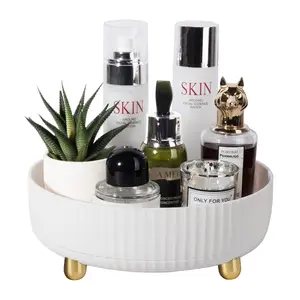 Makeup and perfume storage tray, 360-degree rotating lazy tray, skincare lotion storage tray, rotating cosmetic storage rack, suitable for dressing tables, makeup tables, bathroom countertops, small size in ivory white