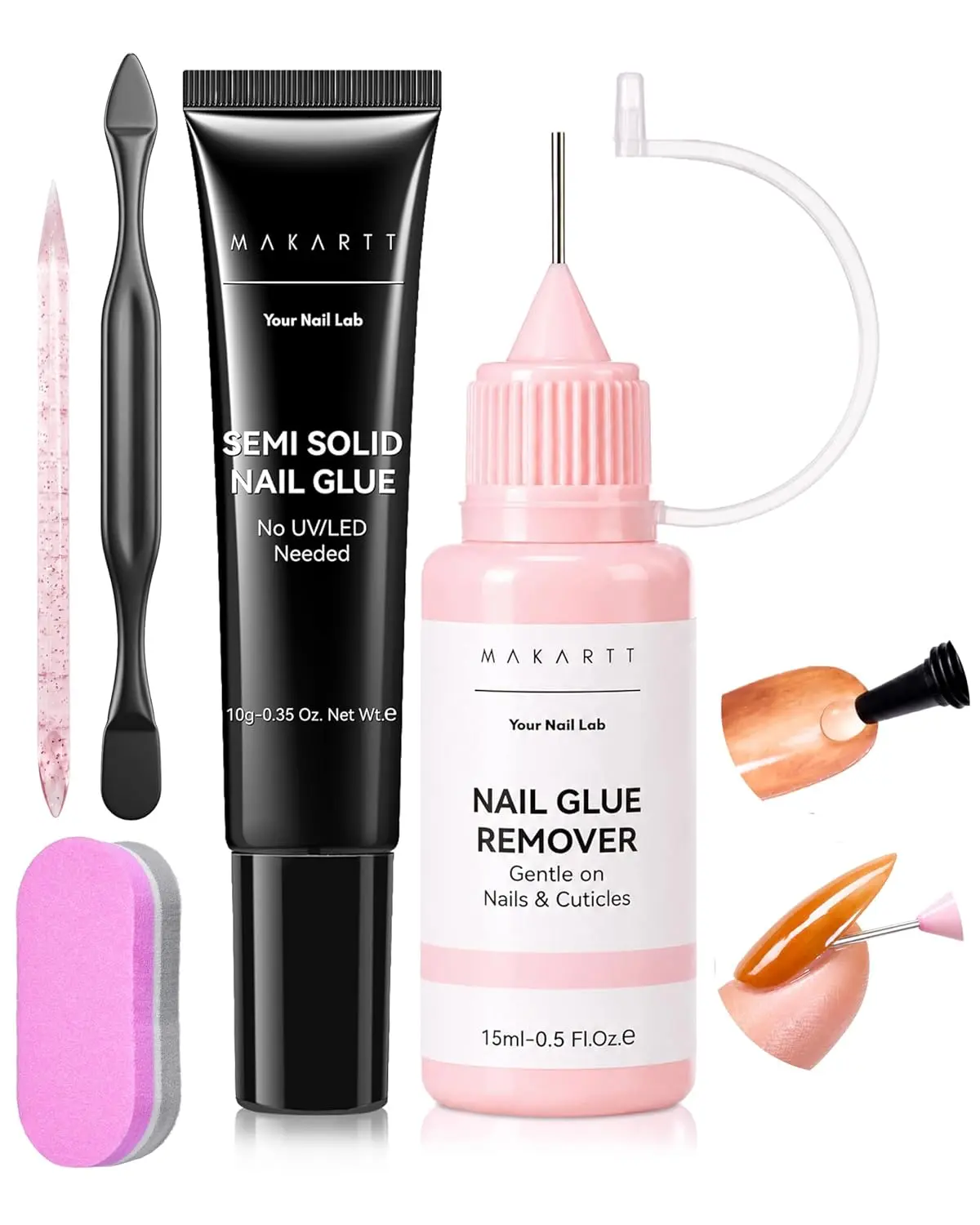 Makartt Press On Nail Kit with 15ml Nail Glue Remover & 10ml Semi-Solid Air-Dry Formula (20s Adjustable Time, No UV Lamp), Acetone-Free Debonder Infused with Jojoba Oil for Beginners, 15Ml Nail Glue Remover With 10Ml Nail Glue