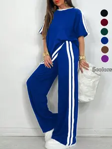Plus Size Women's Sportswear Set, Tracksuit Outfit, Striped Short Sleeve Top with Wide Leg Pants, Casual Vacation Sports, All Seasons