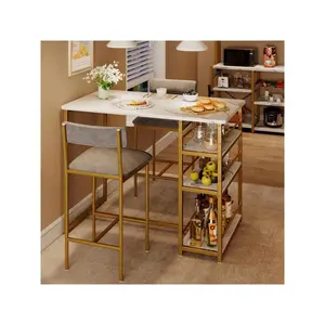 New 2024  Kitchen Storage Shelf Room with 2 Upholstered Chairs Bar Dining Table Set for Small Spaces Apartment Grey and Gold White