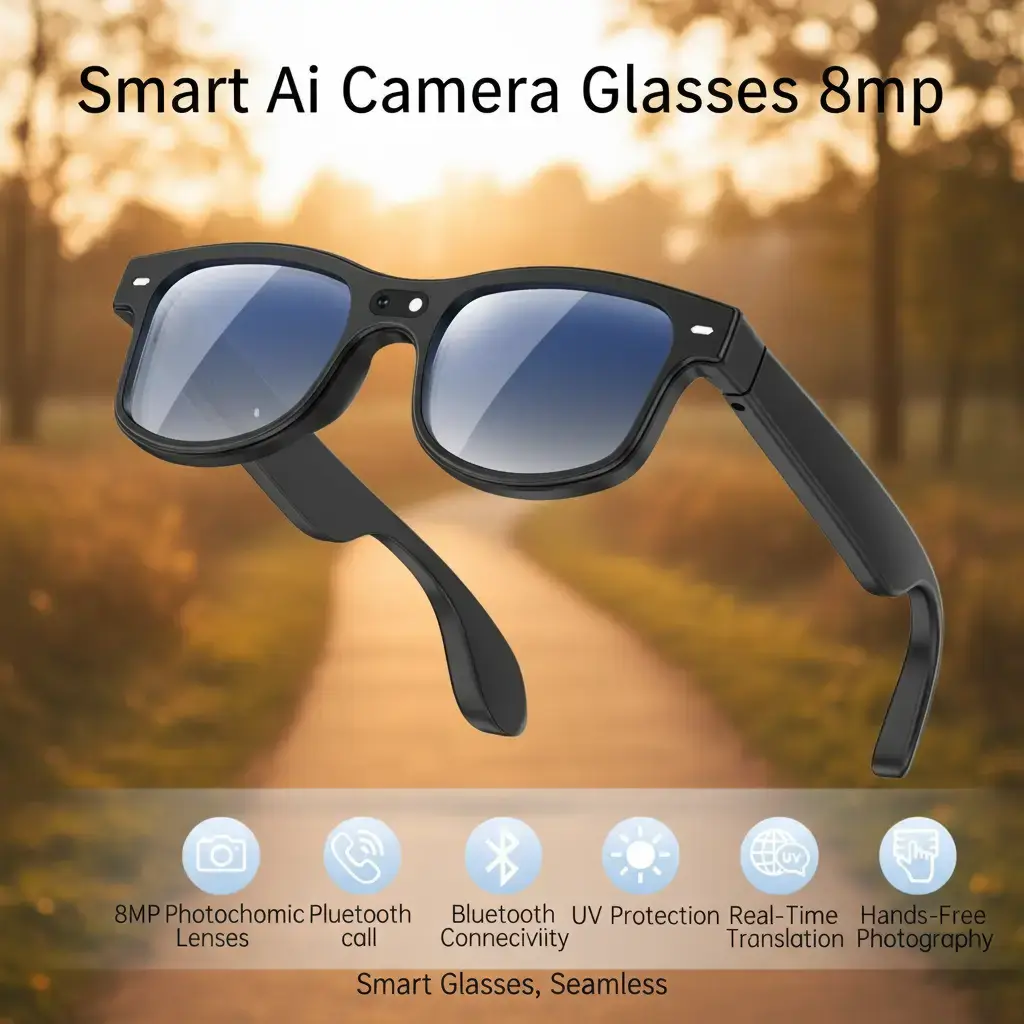 Unisex Adults Modern Smart AI Wearable Camera Glasses - 8MP Photochromic Lenses, Button-Touch Adjustment, UV Protection, Bluetooth Wireless Recording, 160+ Languages Real-Time Translation for Travel, Outdoor Adventures