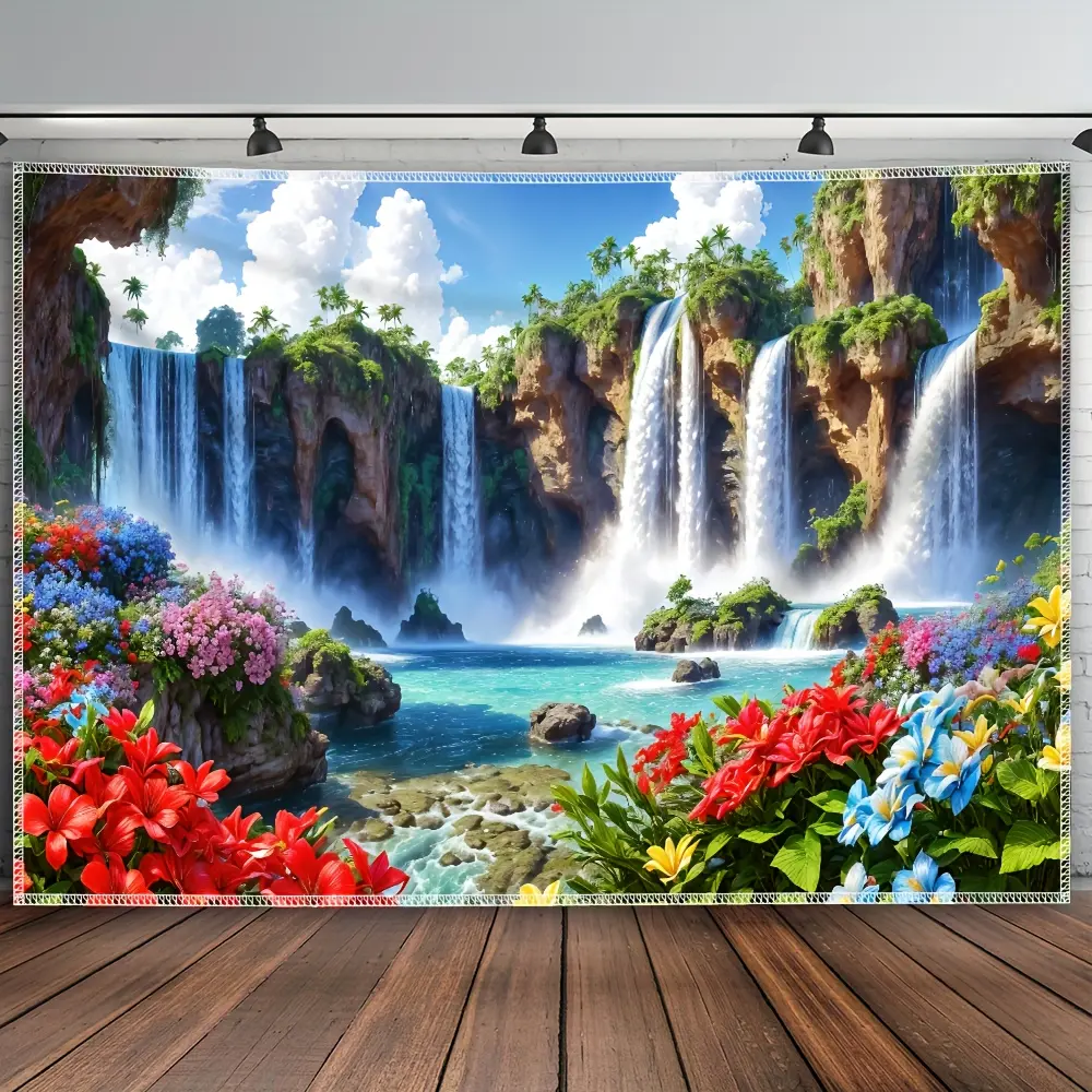 Extra Large Landscape Waterfall Floral Tapestry, Scenic Nature Polyester Wall Hanging, Peach Skin Velvet Fabric, Woven Indoor Tapestry for Living Room Bedroom Office Home Party Decor, No Battery or Electricity Required, No Installation Needed
