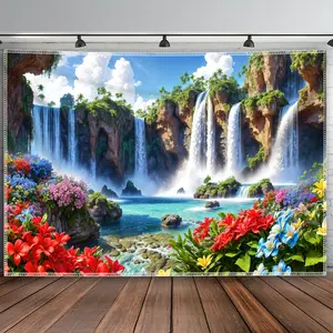 Extra Large Flowers & Waterfall Arch Tapestry, Scenic Nature Polyester Wall Hanging with Peach Skin Velvet Fabric, Woven Indoor Decor for Living Room, No Battery/Electricity Required, No Installation Needed, Waterfall Arch Tapestries day