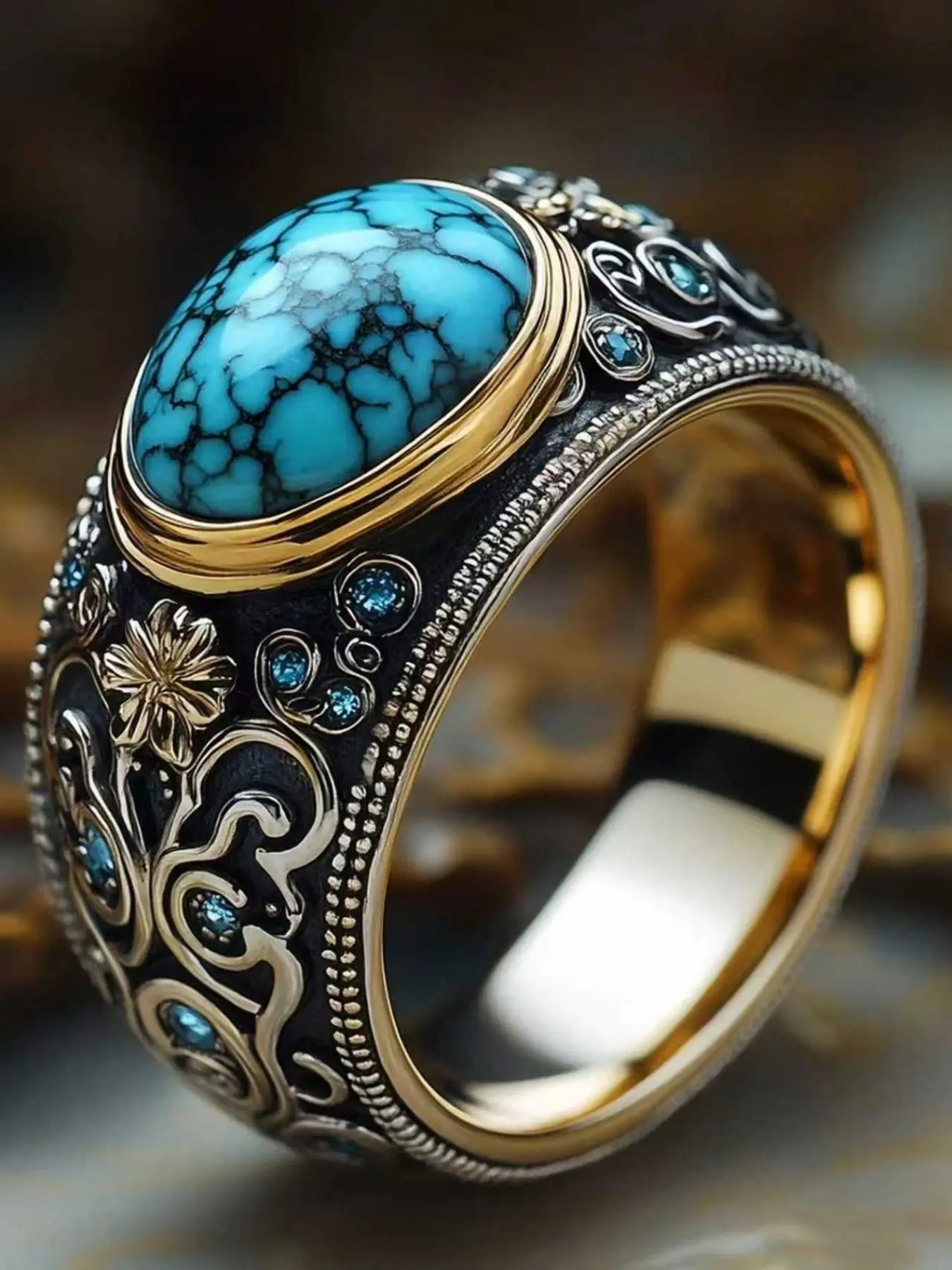 Men's Classical Elegant Floral Print Turquoise Ring, Wedding Engagement Party Jewelry Gift Ready, 1pcs Fashion Accessory