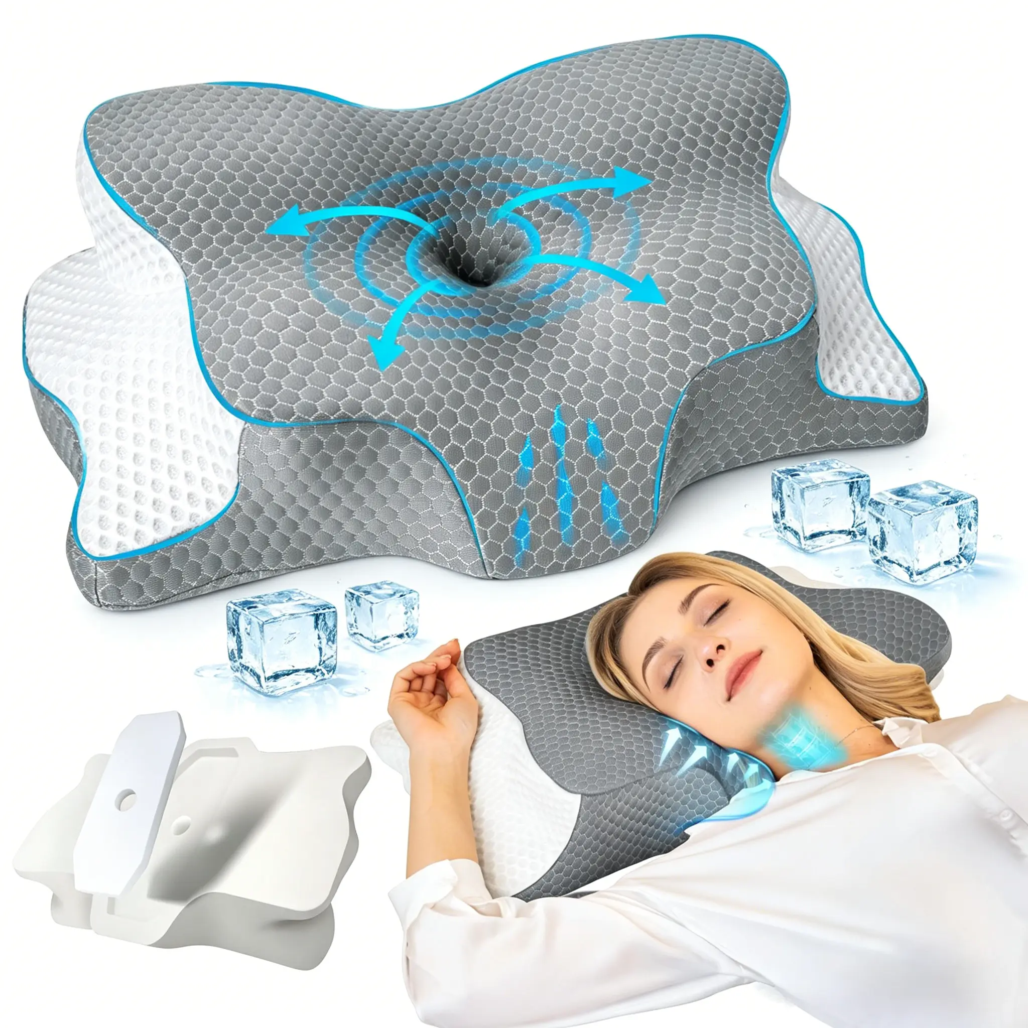 【Summer Deals】SAHEYER Contoured Memory Foam Cervical Pillow - Cooling Ice Silk, Skin-Friendly, Supportive, Ergonomic for Side/Back Sleepers, Neck Care, Cooling Sleep, Good Posture, Home Bedroom Bed Accessory, Soft Travel Neck Pad, Breathable