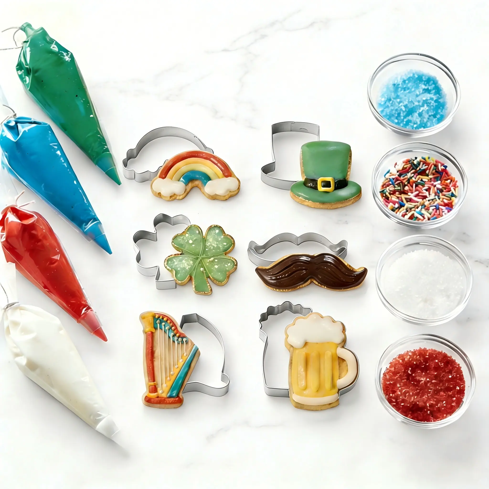 6PCS St. Patrick's Day Cookie Cutter Set - Stainless Steel Shamrock, Rainbow, Beer Mug & Top Hat Molds - Metal DIY Baking Kit for Cookies, Sandwiches, Fondant & Party Treats
