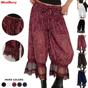 WoodBerry Women's Lace Trim Bloomers Trousers Lightweight Sheer Floral Burnout Casual Lantern Pants Y2k Elastic Waist with Lining to Prevent Exposure