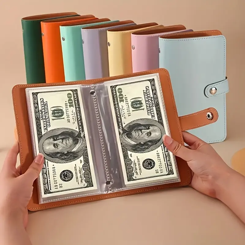 Cash storage notebook that can hold 100 banknotes, with photos of banknotes and stamps, large storage space of 1A