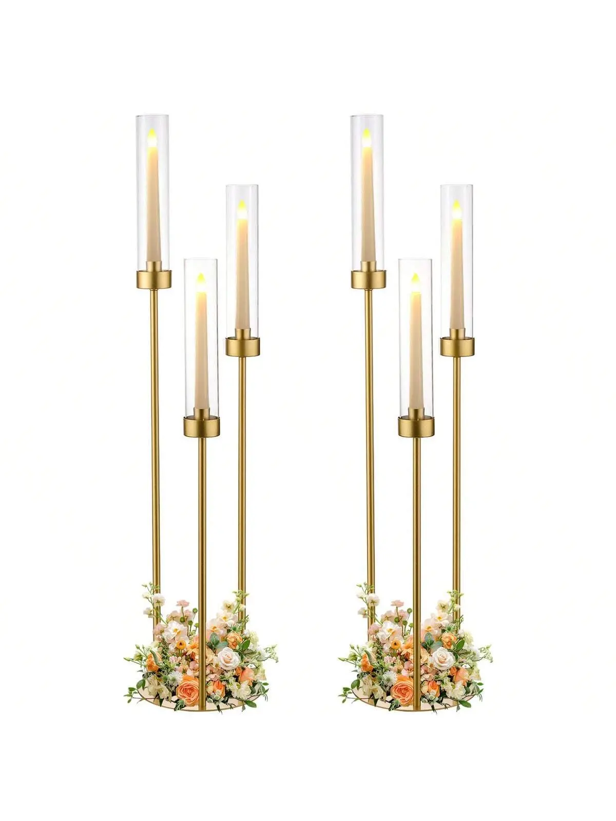 VINCIDERN 3 Arm Gold Candle Holders,33.8in Metal Candelabra Decorative Candlestick Holder with Acrylic Shades for Wedding Table Centerpieces Birthday Party Home Decor
