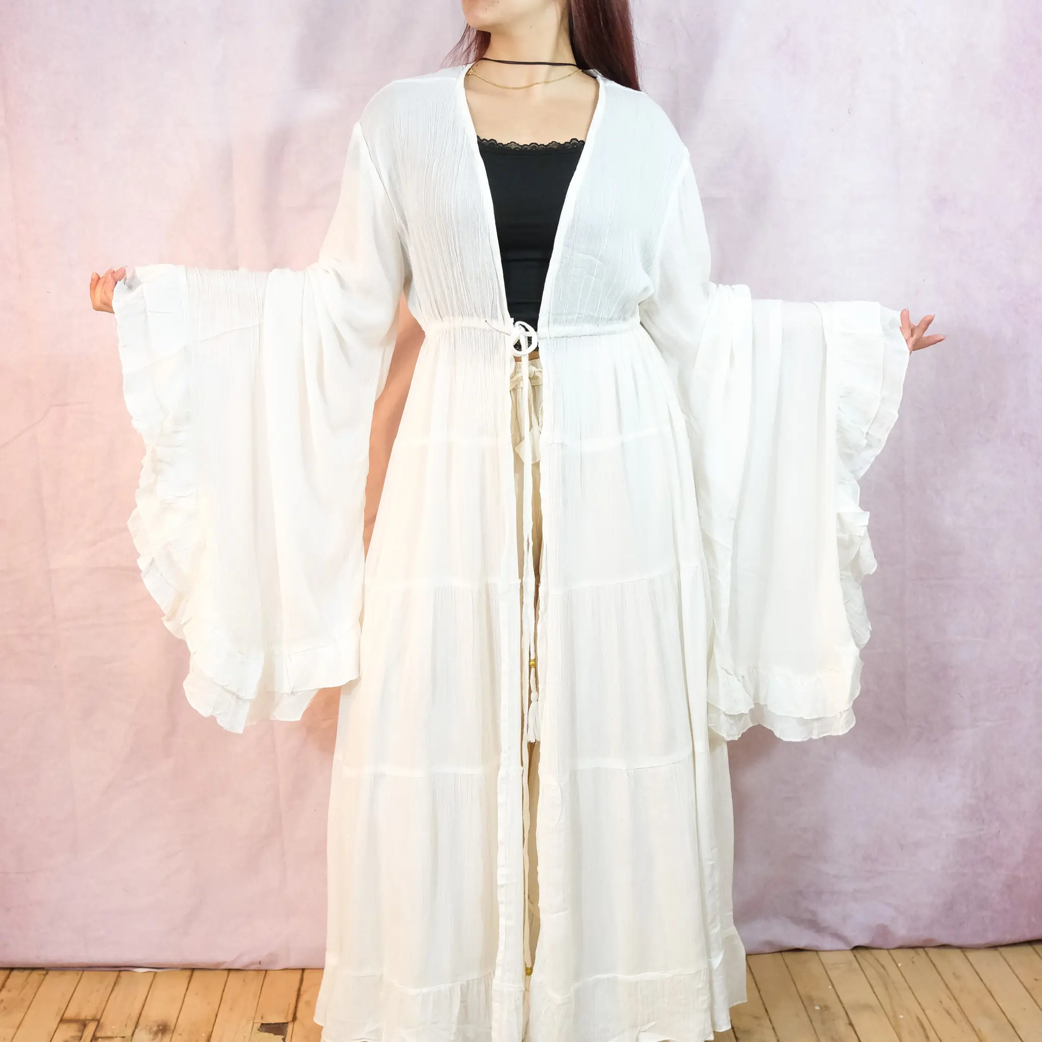 Boho Long Ruffle Duster, Long Sleeve Kimono, Festival Fashion, Beach Cover up, Flowy Hippie Top,90s Hippie Summer Blouse