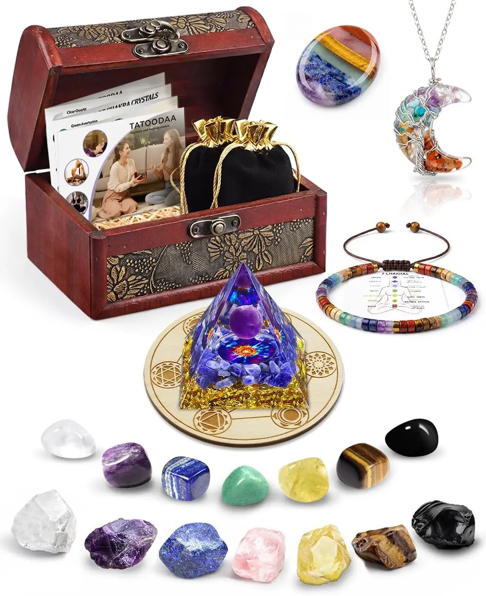 Healing Crystals and Stones Set, Protection Crystal Gift for Women| 23 Pcs Crystal Set, with Thumb Worry Stones, Bracelets, 7 Chakra Stones, Orgone Pyramid, for Positive Energy Balance