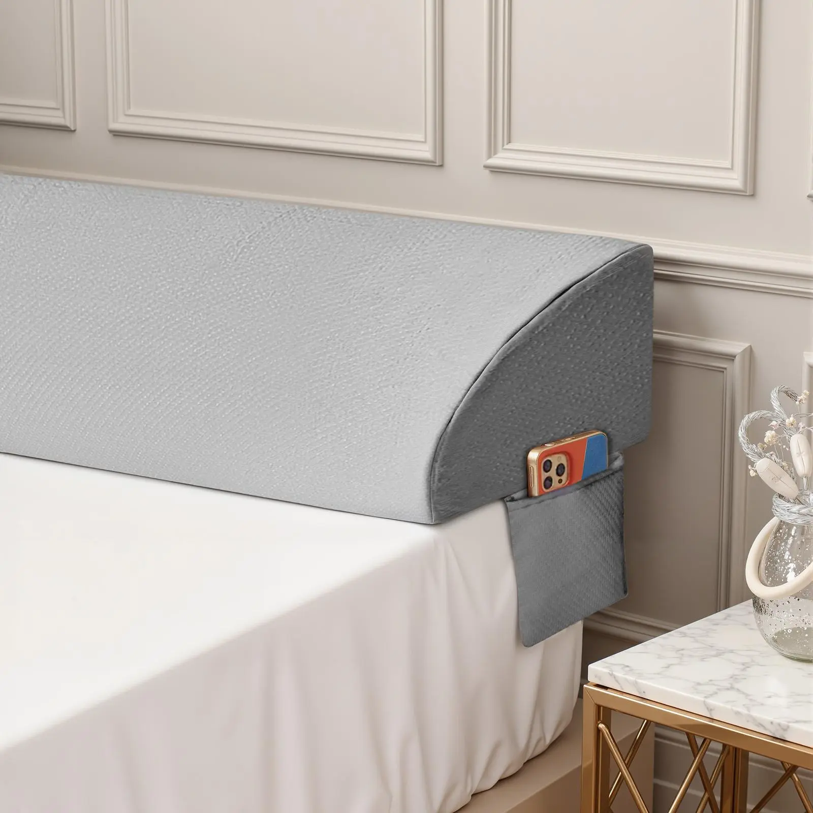 Premium Memory Foam Bed Wedge Pillow, Modern Stylish Headboard-Mattress Gap Filler, Grey Furniture Accessory