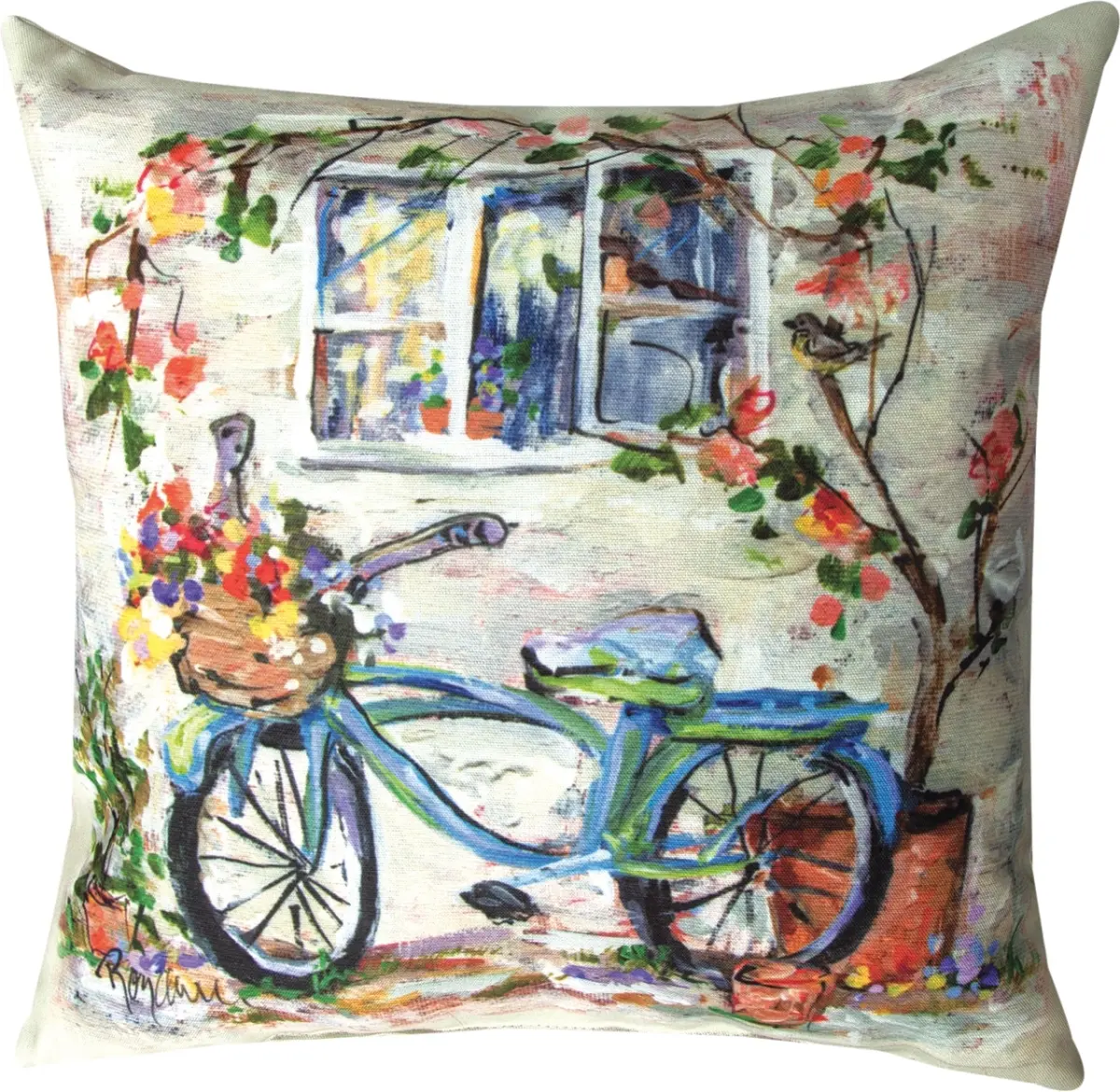 18-in Outdoor Pillow with Climaweave Fabric, Bike Motif, Blue Design - Ideal for Window Sill, Farmers Market, Outdoor Decor