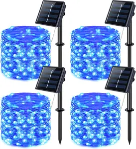 4pack Blue Solar String Lights Outdoor, Total 160 FT 480 LED Solar Powered Waterproof Fairy Lights 8 Modes Copper Wire Lights for Christmas Party Tree Wedding Yard Decorations, 4 Pack