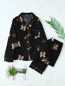 Two-piece Set Women's All Over Cartoon Print Lapel Neck Pocket Shirt & Bow Decor Pants Pyjama, Casual Comfy Long Sleeve Top & Trousers Pj Set, Women's Sleepwear for Spring & Fall Pajama Set