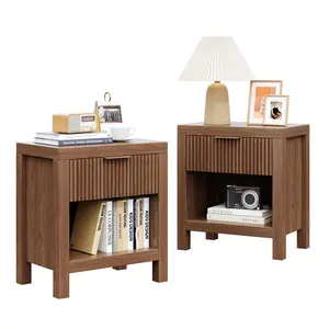 ZXVOIM 2 Set Mid-Century Modern Nightstand Set, Farmhouse Bedroom Nightstand, Small Side Table with Storage, Recessed Cabinet Wood Nightstand