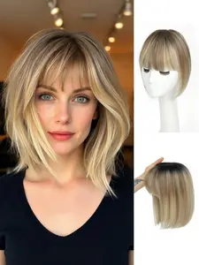 Women's Daily Wear Synthetic Hairpiece, Invisible Mono Top Piece, Straight Bangs Cover Hair, Straight Bob Style, Suitable for Women's Everyday Use