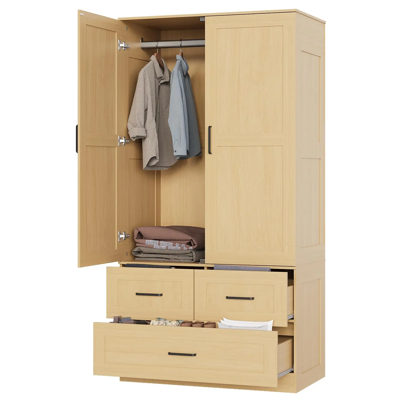 Garvee Armoire Wardrobe Closet, Wooden Wardrobe Cabinet with 3 Drawers, 2 Doors Freestanding Closet Wardrobe Cabinet with Hanging Rod for Bedroom