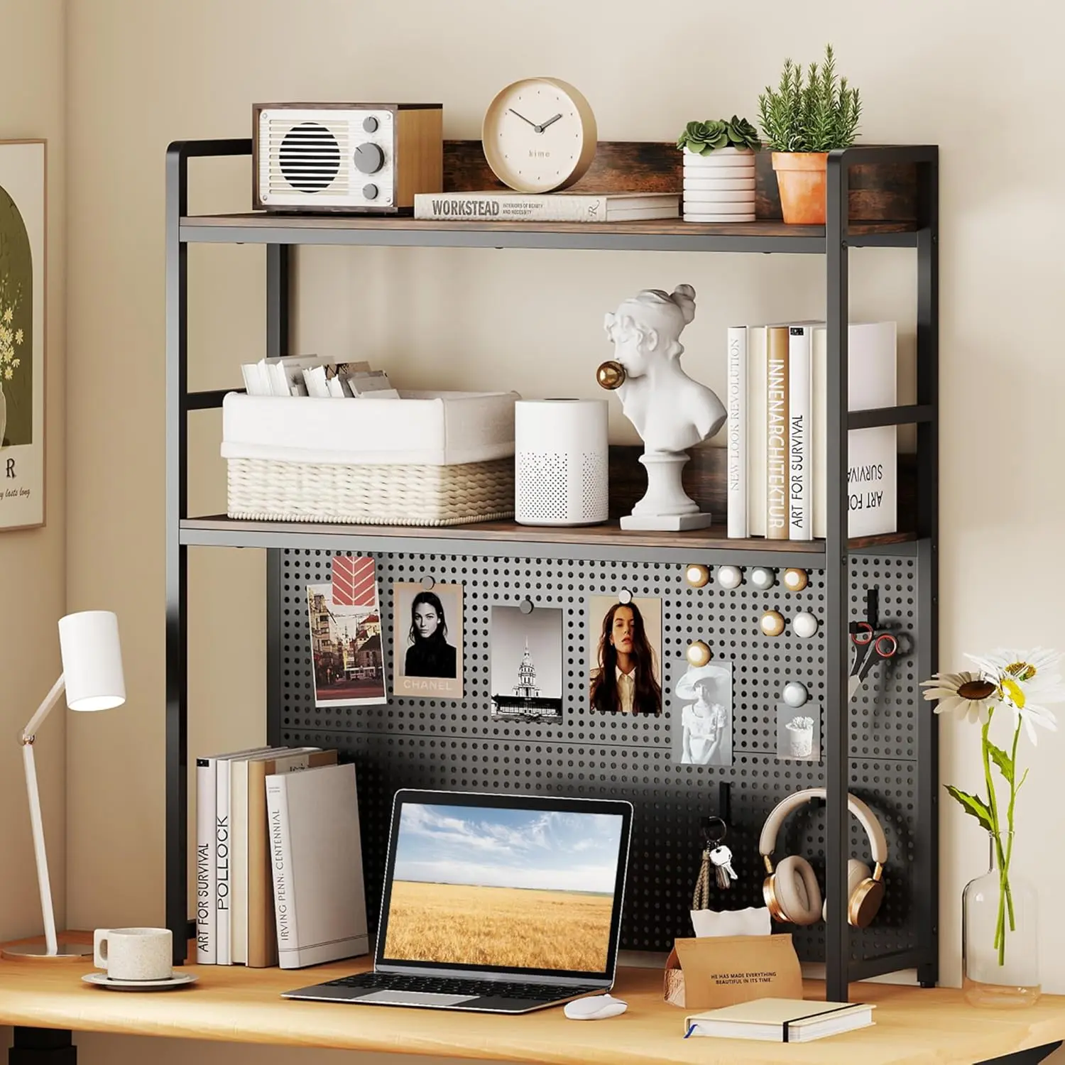 Costway Desktop Bookshelf, Wood Desk Hutch Organizer with Pegboard for 27/37 Inch Computer Monitor, Countertop Storage Display Rack with 4/5/6/7 Shelves, Multipurpose Desktop Shelf Bookcase for Dorm Office Home, Back to School, White/Natural/Brown/Black
