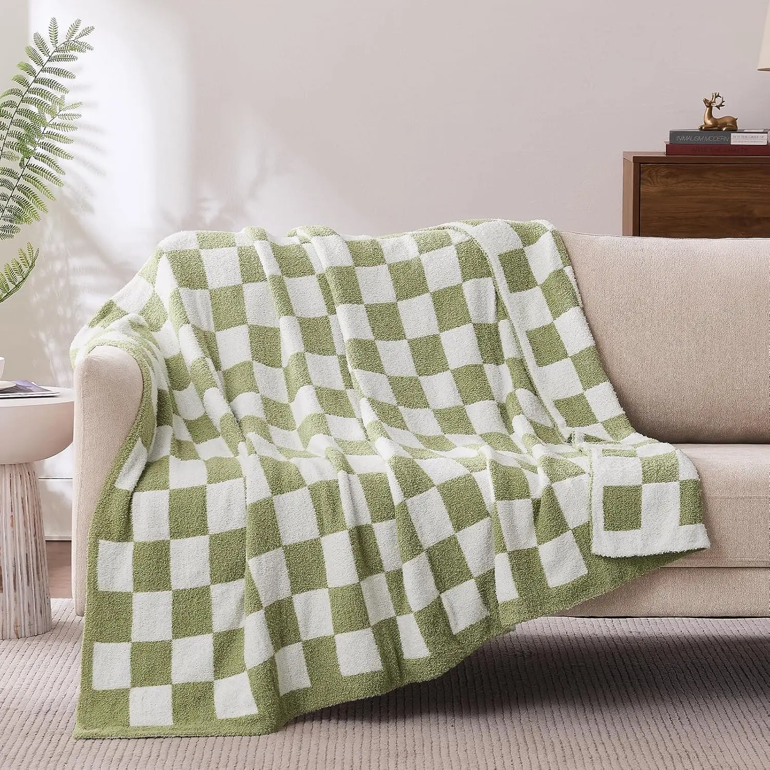 Checkered Throw Blanket, Sage Green Soft Cozy  Knitted Throw Blankets for Couch, Sofa, Bed, Chair, Warm Fuzzy Travel Picnic Lightweight Plaid Blanket, 50x70 inches