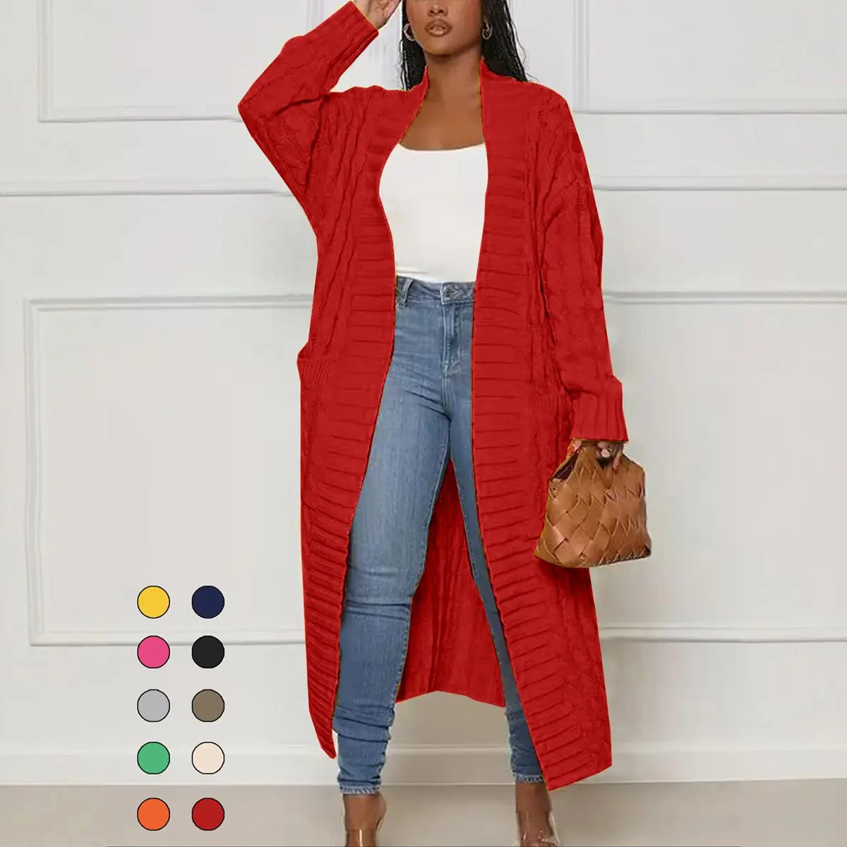 Women's Solid Textured Open Front Cardigan, Oversized Baggy Fit Longline Knitwear with Pockets and Drop Shoulders, Tops For Women, Women's Fashion