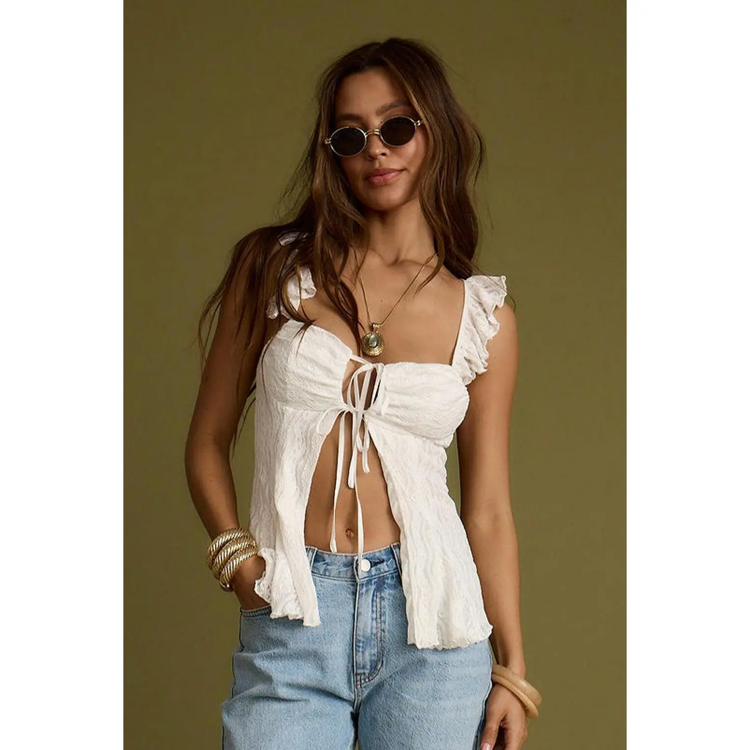 Women's Lady's Sleeveless Gia White Blouse with Sexy Lace Ruffle Detail, Minimalist Design