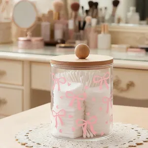 1pc Pink Bow Storage Box With Clear Dome Lid & Wood Lid - Transparent Acrylic Container, Canister Suitable For Bathroom, 10 Oz Qtip Apothecary Jar, Makeup Organizer, Pastel Organizer With Heart Cutouts