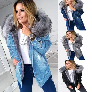 WomenAutumnWinterPlushFurCollarThickenedCotton-paddedDenimJacketParkaZipperHoodedCoatJacket