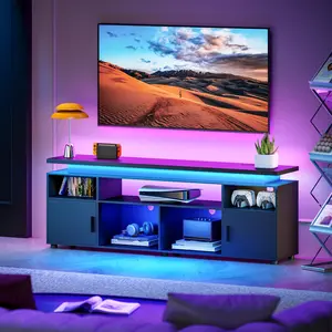 【FathersDayGift】SUNCOZE TV Stand, Entertainment Center with LED Lights and Cabinet for 70/75/80 Inch TV, Modern TV Console Gaming Media Television Stands with Power Outlets for PS5 in Living Room and Bedroom
