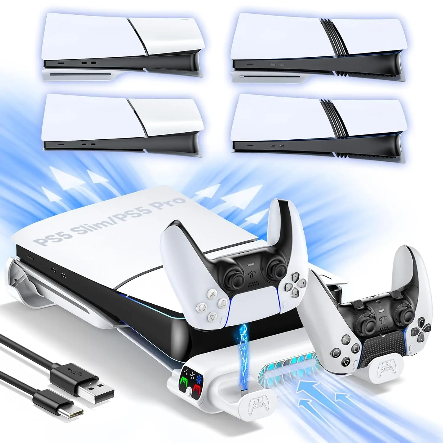 PS5 Cooling Stand for Slim/PS5 Pro Models (Not 2020 Regular Version) - 3-Level Cooling Fan, Dual Charging Edge Controller Holder, USB Port, Silicone EVA Holder, Horizontal Stand, Dynamic Lighting, Side Screen Compatible, Disc & Digital Support