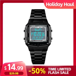 SKMEI Retro Multifunctional Square Dial Watch for Men, 3ATM Water Resistant Hardlex Glass Dial Timepiece with Night Light, Calendar, Alarm Clock & Timing Function, Fashion Digital Electronic Watch for Students, Multifunctional Watch, Water Resistant Watch