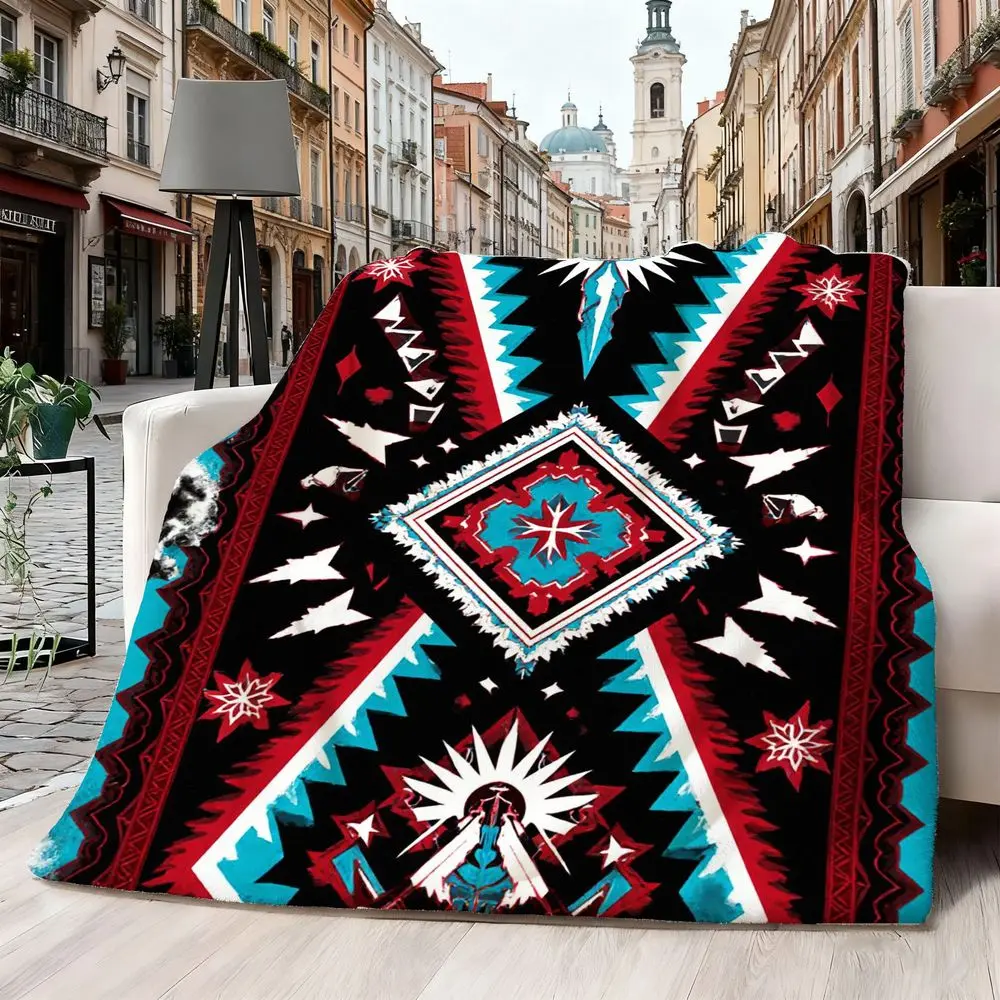 Southwestern Aztec Blanket, Soft Flannel Throw Blanket with Black Red Turquoise Geometric Print, Cozy Gift for Women Men Family and Boho Decor Lovers, Rustic Cabin Blanket for Bed Couch Sofa, Lightweight Warm Throw
