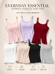 Buttery Soft Breathable Non See Through Double Lined Adjustable Spaghetti Strap U Neck Slim Fit Camisole Tank Top, Minimalist Trending Essential Basic Womenswear, Casual Layering Summer Daily Office Wear Outfits Inspo Tops Halter Bra