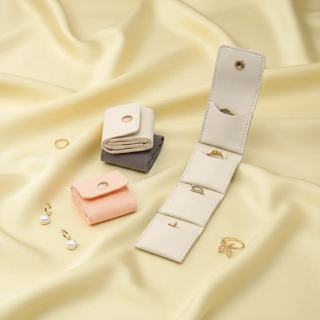 Mini Leather Jewelry Roll Pouch – Soft PU Material with Multi-Layer Slots, Snap Closure & Foldable Design | Anti-Scratch Travel Organizer for Rings & Earrings | Perfect Gift in Macaron Colors