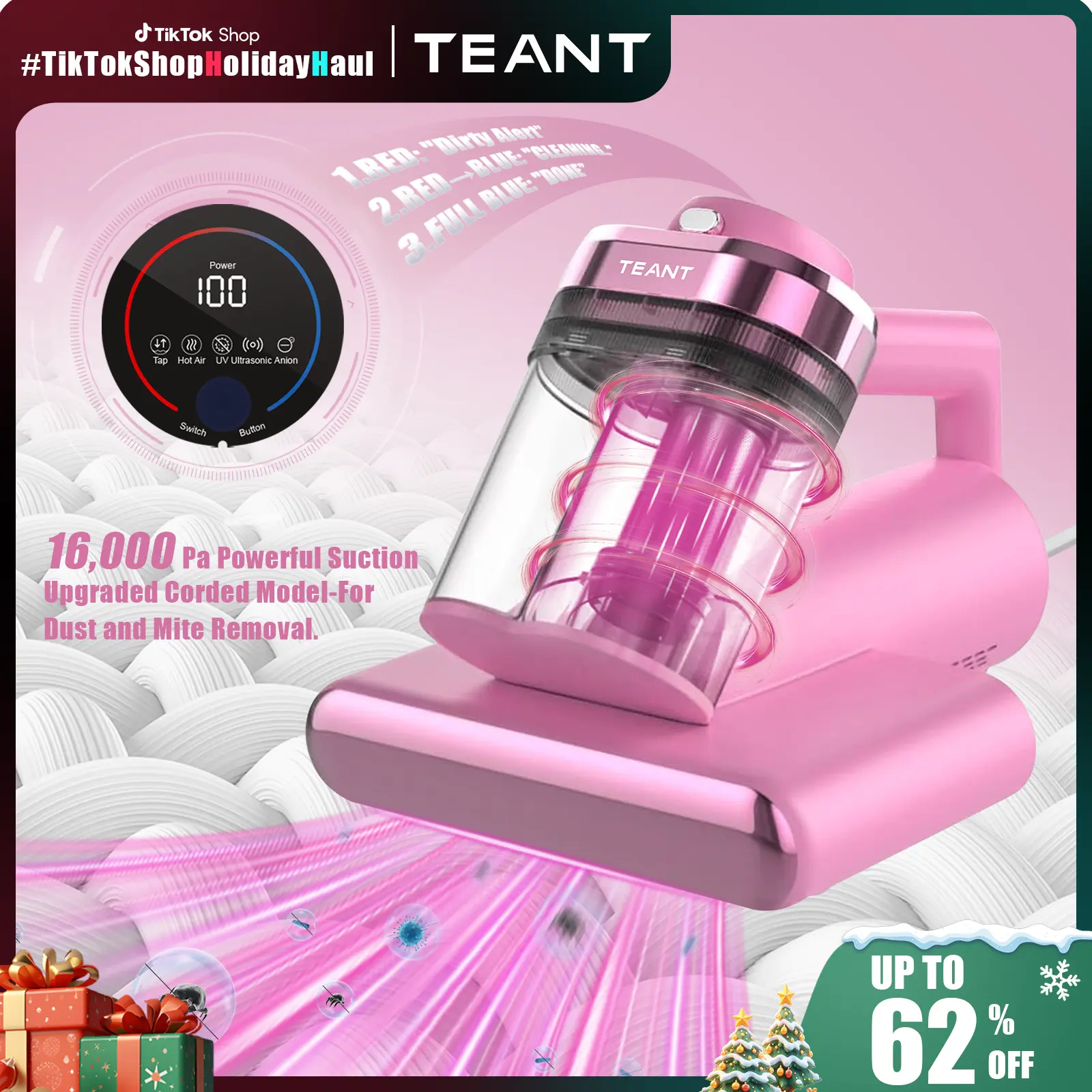 Teant Bed Vacuum Cleaner - 16kPa Powerful Suction Dust Mite Killer with UV-C Sterilization, 149°F Hot Air, Intelligent LED Display, Aroma Tablet Fresh, Anion, HEPA Filter, Cord, Lightweight Home Decor Deep Cleaning House Supplies for Pet Hair on Bed, Sofa