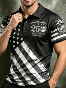 Men's 250th Anniversary American Flag Polo Shirt, Festive Patriotic Usa Flag Stars & Stripes, Slim-Fit Short Sleeve Golf Shirt, Casual Tops