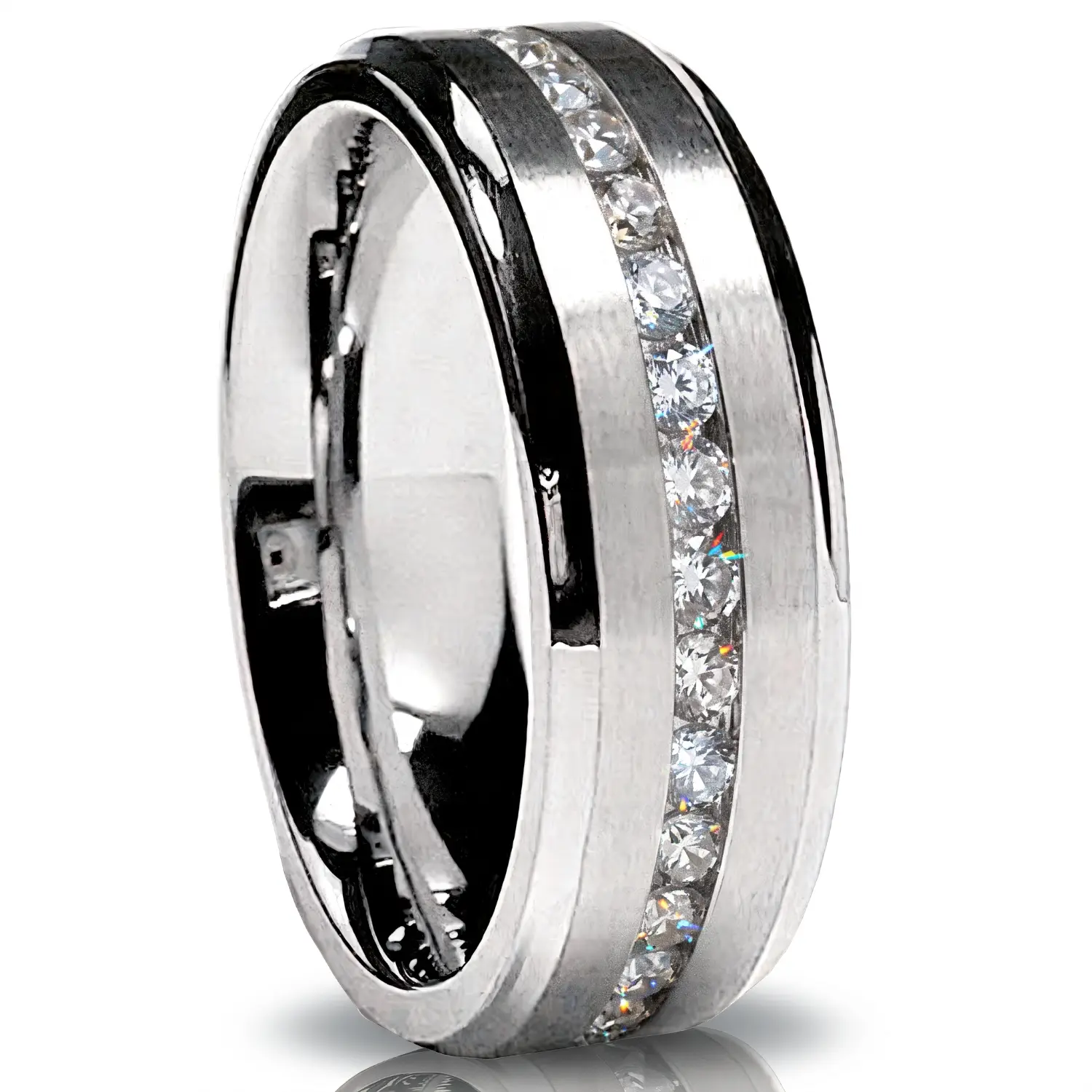 Men's 7mm Titanium Eternity Wedding Band with Cubic Zirconia CZ, Male Men's Accessory, Mens Gift, Sizes 5-13, with Complimentary Jewelry Ring Gift Box